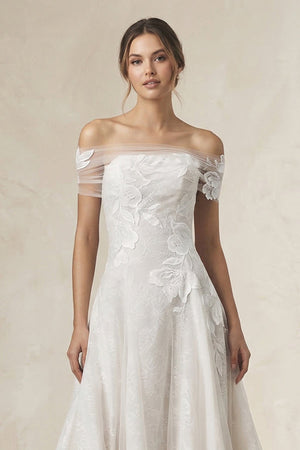 Off - the - Shoulder Appliqued A - Line Wedding Dress in White - KissProm Wedding Dresses