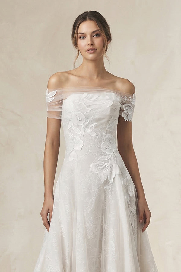 Off - the - Shoulder Appliqued A - Line Wedding Dress in White - KissProm Wedding Dresses