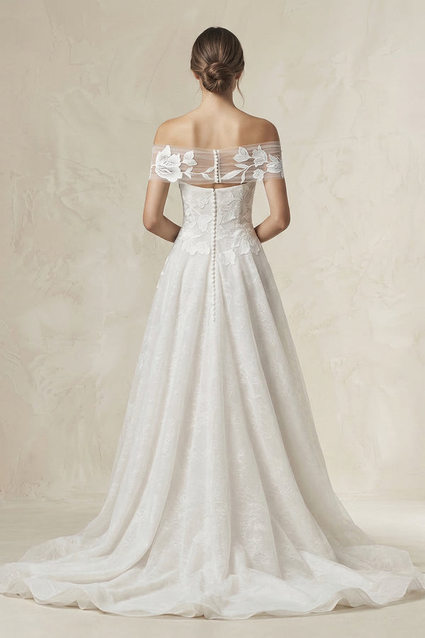 Off - the - Shoulder Appliqued A - Line Wedding Dress in White - KissProm Wedding Dresses