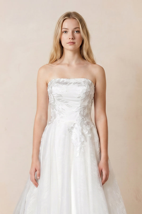 Off - the - Shoulder Appliqued A - Line Wedding Dress in White - KissProm Wedding Dresses