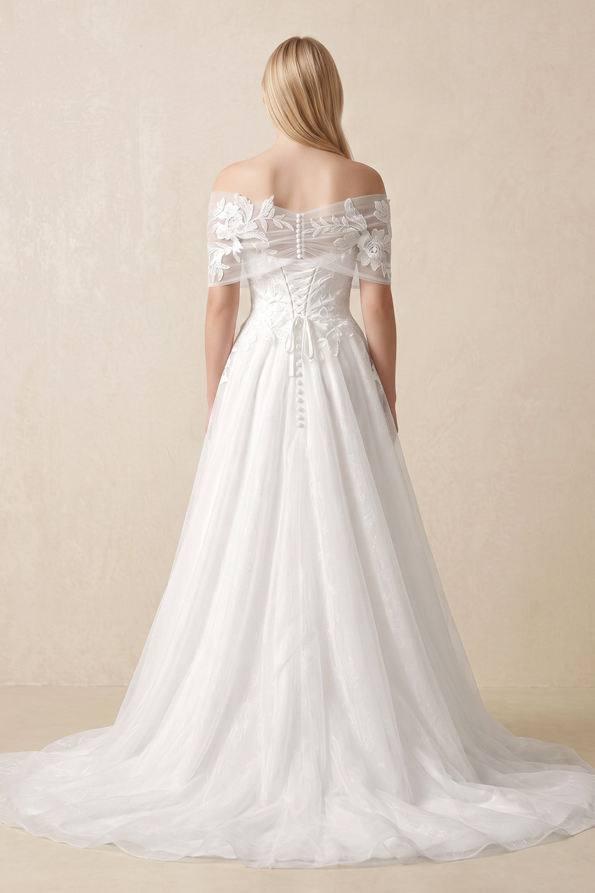 Off - the - Shoulder Appliqued A - Line Wedding Dress in White - KissProm Wedding Dresses