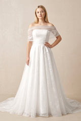 Off - the - Shoulder Appliqued A - Line Wedding Dress in White - KissProm Wedding Dresses