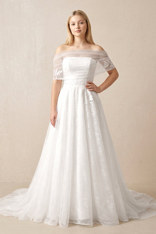 Off - the - Shoulder Appliqued A - Line Wedding Dress in White - KissProm Wedding Dresses