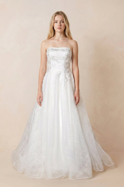 Off - the - Shoulder Appliqued A - Line Wedding Dress in White - KissProm Wedding Dresses