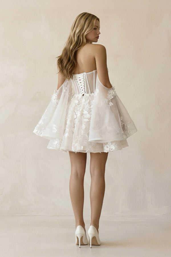 Off - the - Shoulder Appliqued Tulle A - Line Corset Wedding Dress in Ivory - KissProm Wedding Dresses