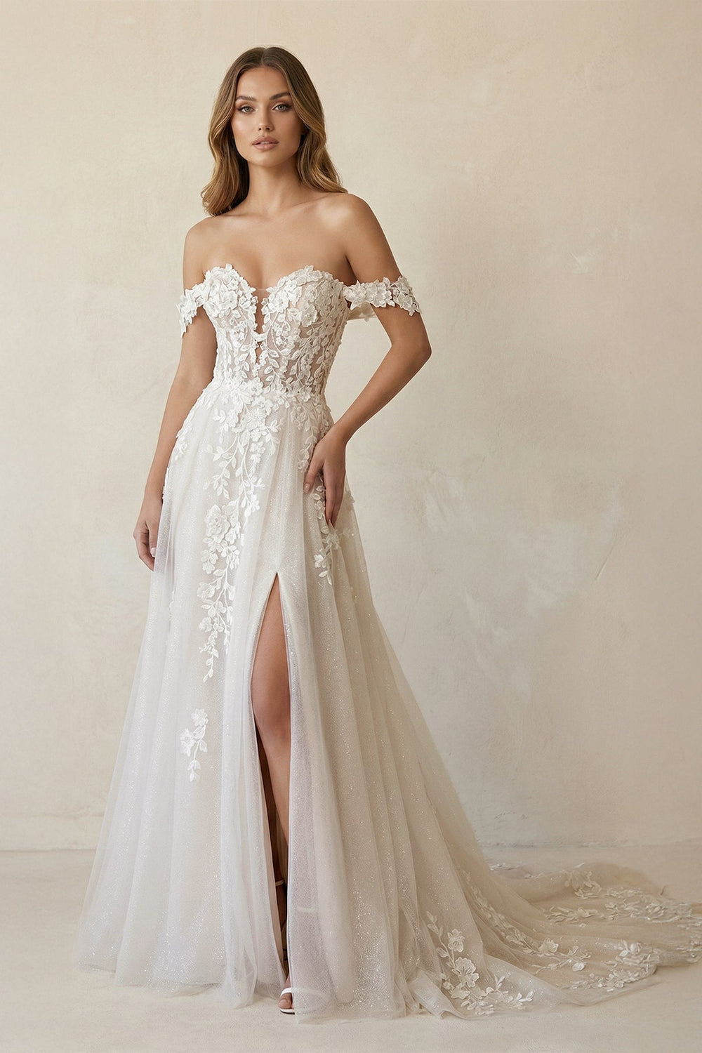Off The Shoulder Appliqued Wedding Dress With Slit in White and Nude - KissProm Wedding Dresses