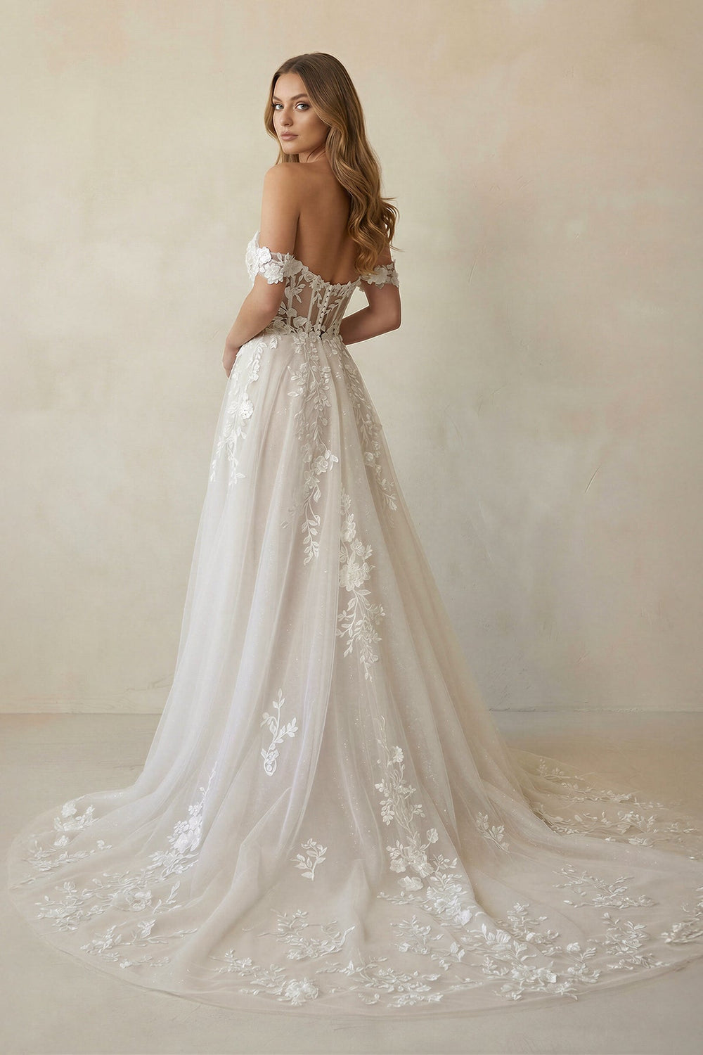 Off The Shoulder Appliqued Wedding Dress With Slit in White and Nude - KissProm Wedding Dresses