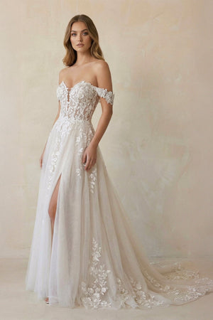 Off The Shoulder Appliqued Wedding Dress With Slit in White and Nude - KissProm Wedding Dresses