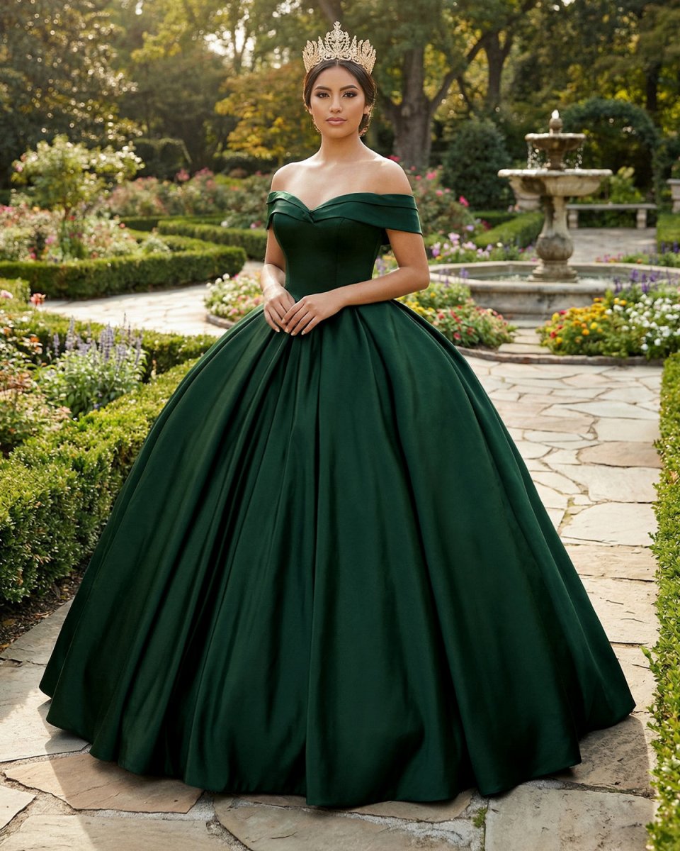 Off the Shoulder Ball Gown Dark Green Satin Quinceanera Dresses - KissProm