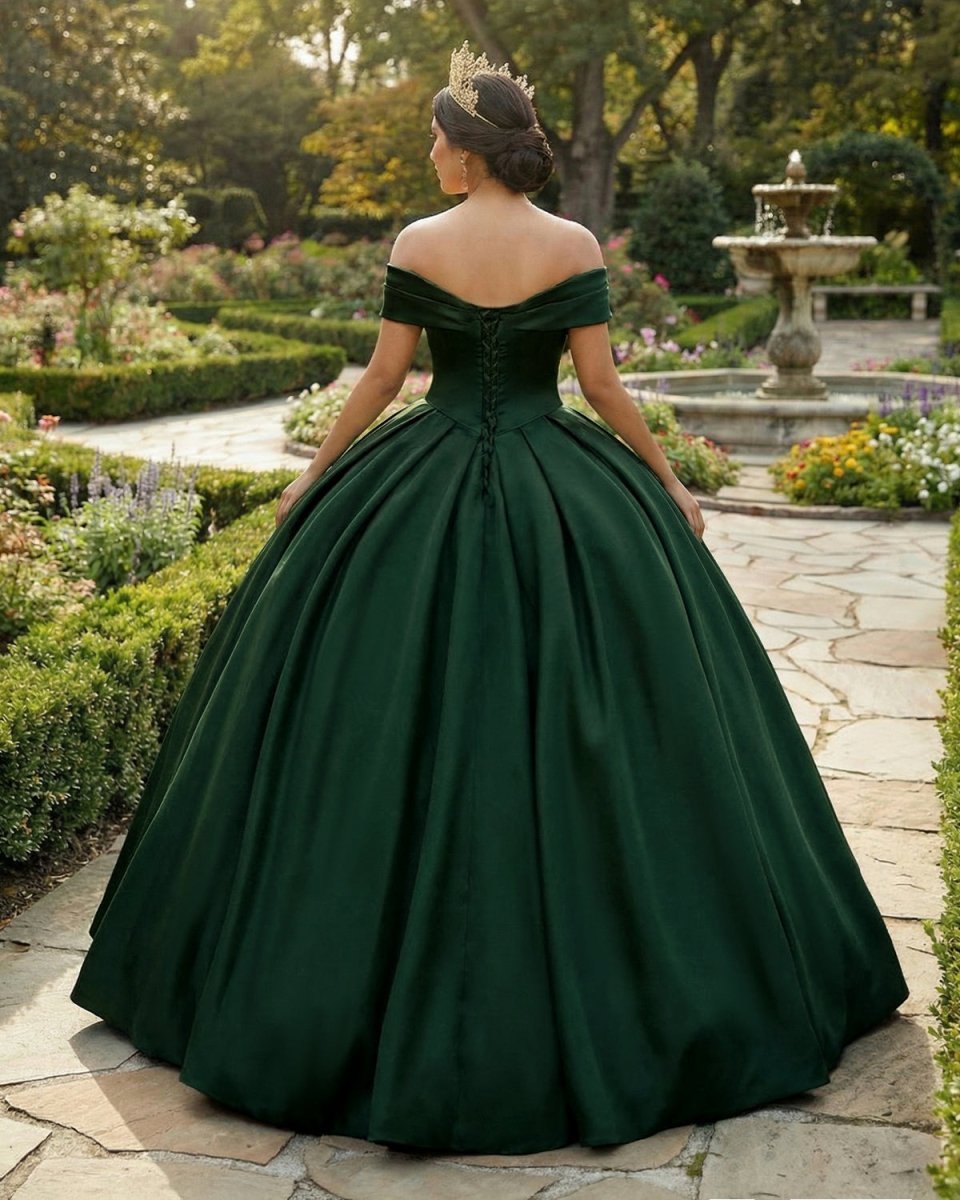 Off the Shoulder Ball Gown Dark Green Satin Quinceanera Dresses Dark Green / 8