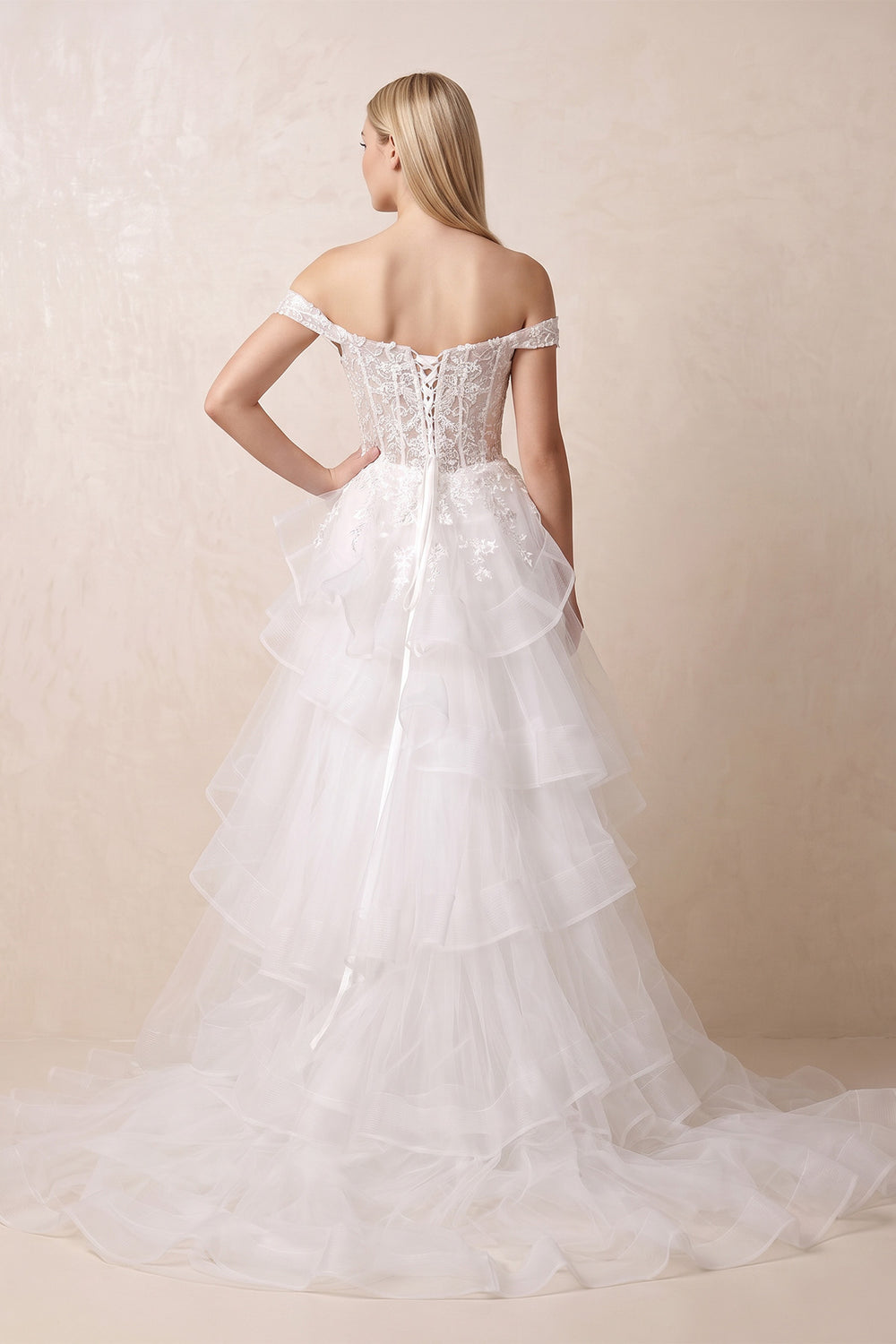 White Off The Shoulder A Line Tulle Wedding Dress in White - KissProm Wedding Dresses