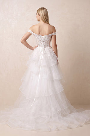 White Off The Shoulder A Line Tulle Wedding Dress in White - KissProm Wedding Dresses