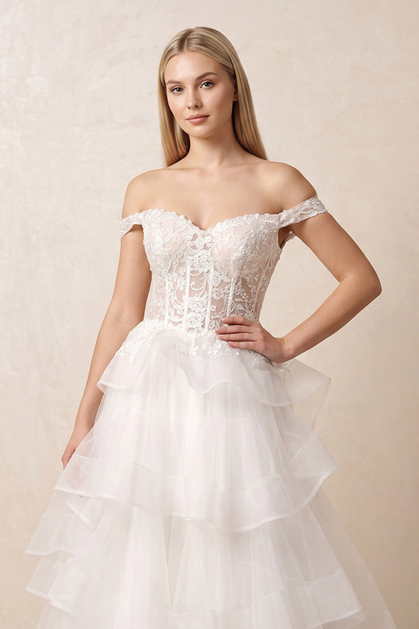 White Off The Shoulder A Line Tulle Wedding Dress in White - KissProm Wedding Dresses