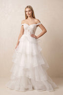 White Off The Shoulder A Line Tulle Wedding Dress in White - KissProm Wedding Dresses