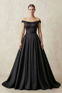 Off - the - Shoulder Boat Neck Satin A - Line Wedding Dress in Black - KissProm Wedding Dresses