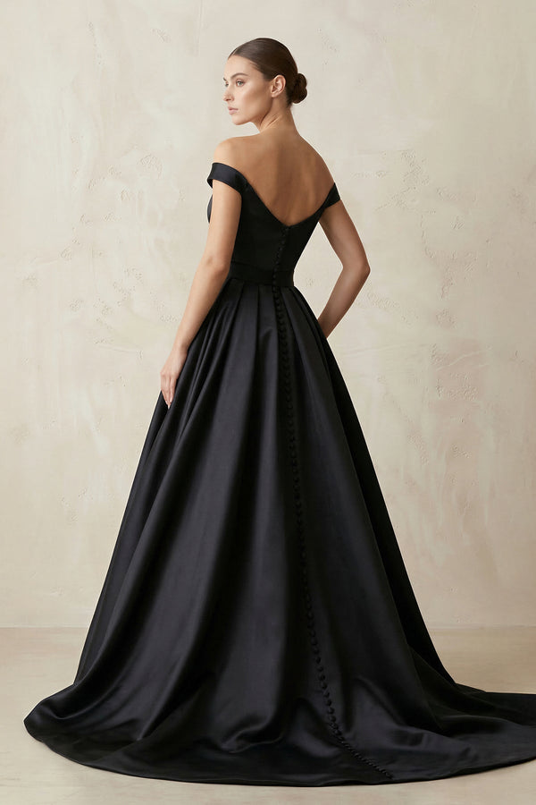 Off - the - Shoulder Boat Neck Satin A - Line Wedding Dress in Black - KissProm Wedding Dresses