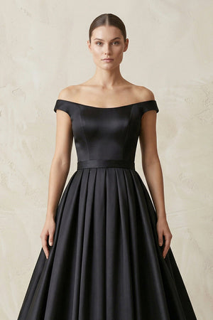 Off - the - Shoulder Boat Neck Satin A - Line Wedding Dress in Black - KissProm Wedding Dresses