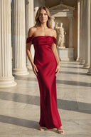 Off the Shoulder Coral Mermaid Satin Long Party Dress – Prom Dresses by KissProm | Available at KissProm