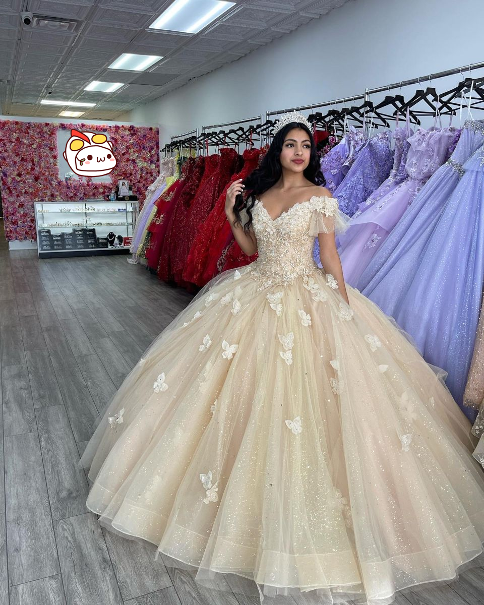 Off The Shoulder Butterfly Quinceanera Dress Glitter Ball Gown