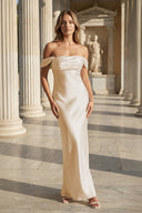 Off the Shoulder Coral Mermaid Satin Long Party Dress – Prom Dresses by KissProm | Available at KissProm