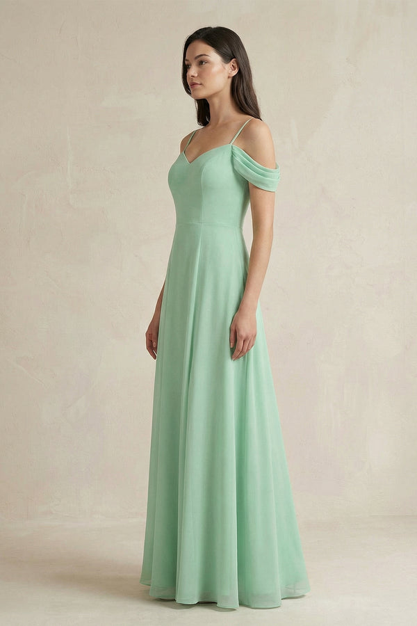 Off-the-Shoulder Chiffon A-Line Bridesmaid Dress in Pale Pistachio - KissProm BRIDESMAID DRESSES