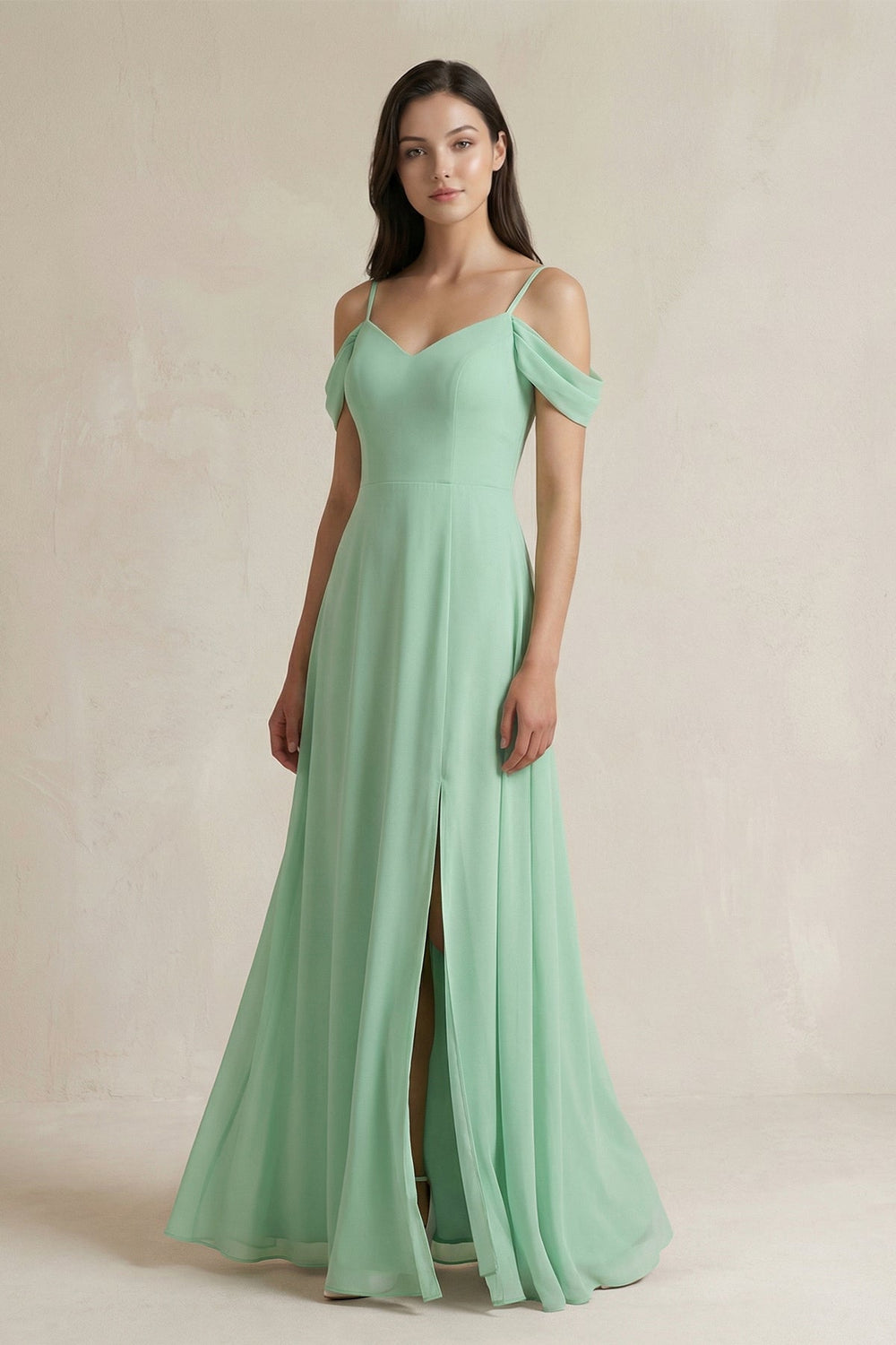 Off-the-Shoulder Chiffon A-Line Bridesmaid Dress in Pale Pistachio - KissProm BRIDESMAID DRESSES