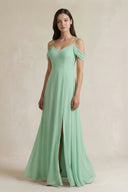 Off-the-Shoulder Chiffon A-Line Bridesmaid Dress in Pale Pistachio - KissProm BRIDESMAID DRESSES