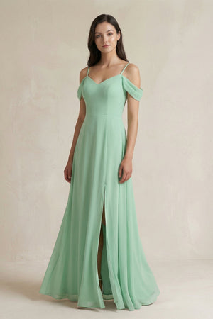 Off-the-Shoulder Chiffon A-Line Bridesmaid Dress in Pale Pistachio - KissProm BRIDESMAID DRESSES