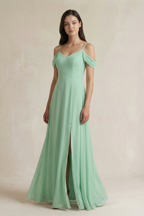 Off-the-Shoulder Chiffon A-Line Bridesmaid Dress in Pale Pistachio - KissProm BRIDESMAID DRESSES