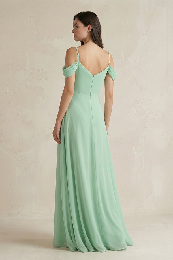 Off-the-Shoulder Chiffon A-Line Bridesmaid Dress in Pale Pistachio - KissProm BRIDESMAID DRESSES