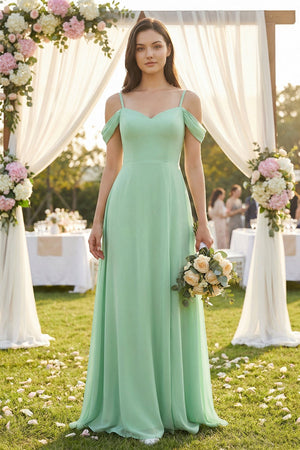 Off-the-Shoulder Chiffon A-Line Bridesmaid Dress in Pale Pistachio - KissProm BRIDESMAID DRESSES
