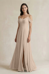 Off - the - Shoulder Chiffon A - Line Bridesmaid Dress in Almond - KissProm Bridesmaid Dresses