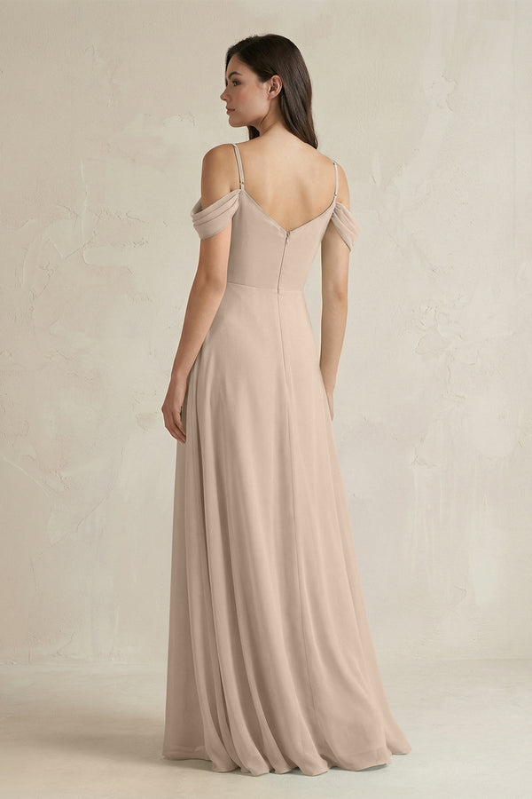 Off - the - Shoulder Chiffon A - Line Bridesmaid Dress in Almond - KissProm Bridesmaid Dresses