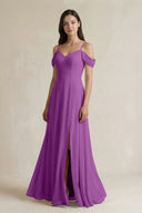Off - the - Shoulder Chiffon A - Line Bridesmaid Dress in Amethyst - KissProm Bridesmaid Dresses