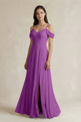 Off - the - Shoulder Chiffon A - Line Bridesmaid Dress in Amethyst - KissProm Bridesmaid Dresses