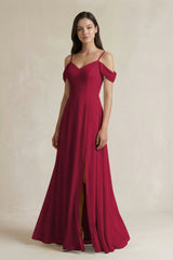 Off - the - Shoulder Chiffon A - Line Bridesmaid Dress in Berry - KissProm Bridesmaid Dresses