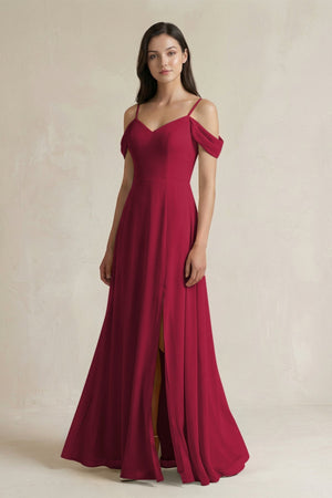 Off - the - Shoulder Chiffon A - Line Bridesmaid Dress in Berry - KissProm Bridesmaid Dresses