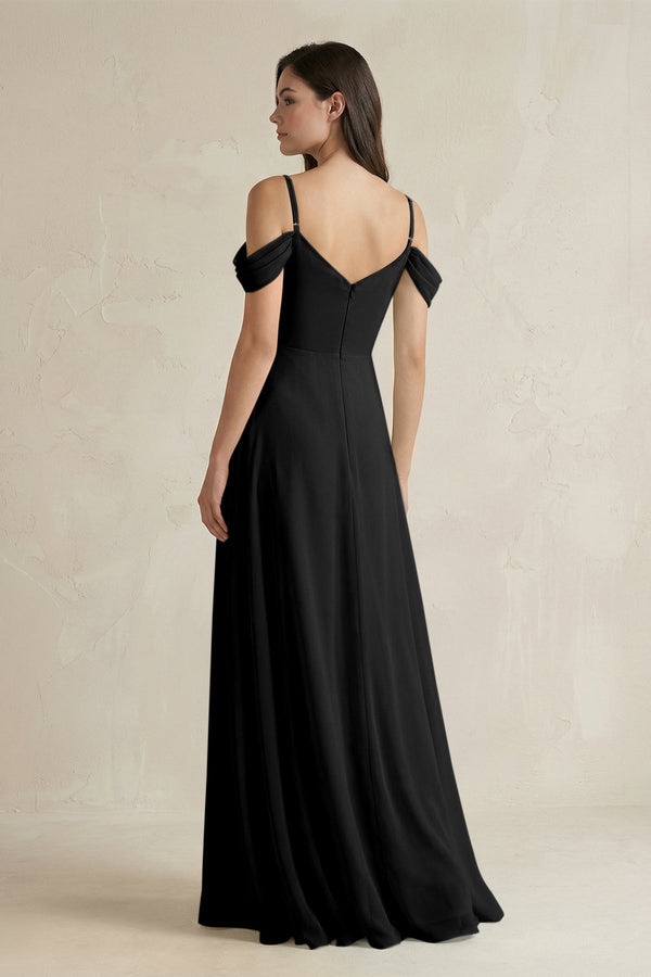 Off - the - Shoulder Chiffon A - Line Bridesmaid Dress in Black - KissProm Bridesmaid Dresses