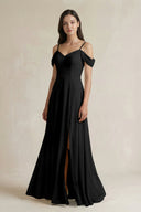 Off - the - Shoulder Chiffon A - Line Bridesmaid Dress in Black - KissProm Bridesmaid Dresses