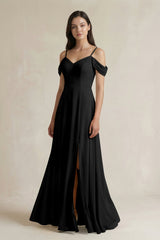 Off - the - Shoulder Chiffon A - Line Bridesmaid Dress in Black - KissProm Bridesmaid Dresses