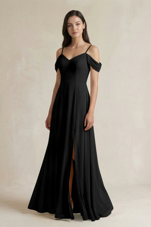 Off - the - Shoulder Chiffon A - Line Bridesmaid Dress in Black - KissProm Bridesmaid Dresses