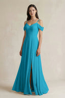 Off - the - Shoulder Chiffon A - Line Bridesmaid Dress in Blue Jay - KissProm Bridesmaid Dresses