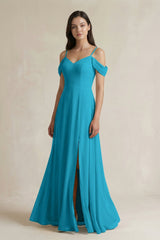 Off - the - Shoulder Chiffon A - Line Bridesmaid Dress in Blue Jay - KissProm Bridesmaid Dresses