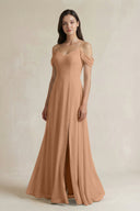 Off - the - Shoulder Chiffon A - Line Bridesmaid Dress in Bronzer - KissProm Bridesmaid Dresses