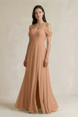 Off - the - Shoulder Chiffon A - Line Bridesmaid Dress in Bronzer - KissProm Bridesmaid Dresses
