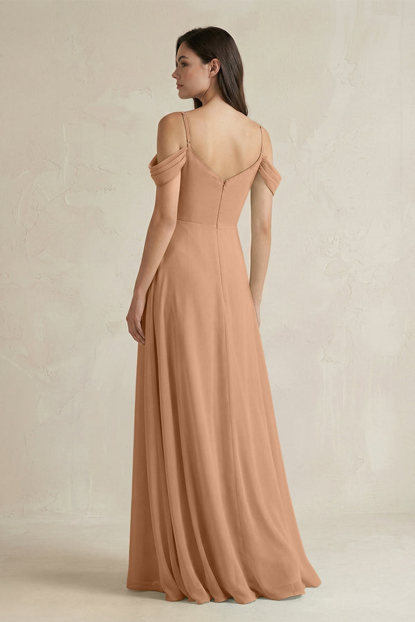 Off - the - Shoulder Chiffon A - Line Bridesmaid Dress in Bronzer - KissProm Bridesmaid Dresses