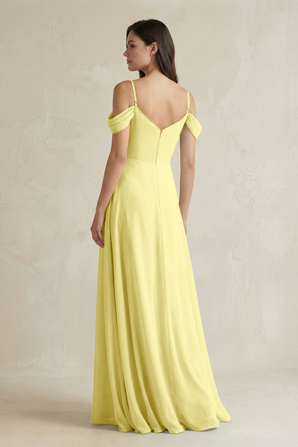 Off - the - Shoulder Chiffon A - Line Bridesmaid Dress in Buttercup - KissProm Bridesmaid Dresses