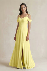 Off - the - Shoulder Chiffon A - Line Bridesmaid Dress in Buttercup - KissProm Bridesmaid Dresses