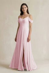 Off - the - Shoulder Chiffon A - Line Bridesmaid Dress in Candy Pink - KissProm Bridesmaid Dresses