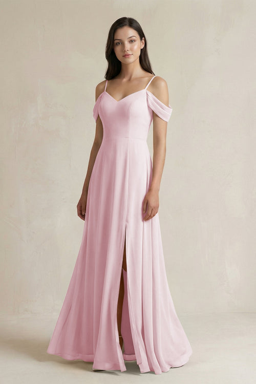 Off - the - Shoulder Chiffon A - Line Bridesmaid Dress in Candy Pink - KissProm Bridesmaid Dresses